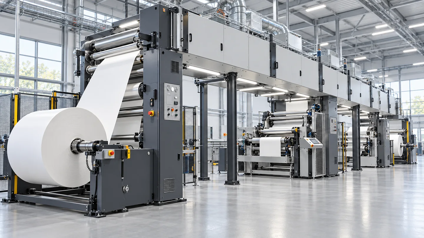 Roll-to-roll machinery in a bright label material production hall